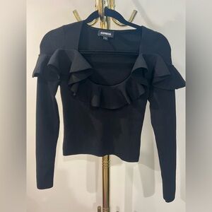 Cropped Express Black Ruffle Shirt with a scoop neckline